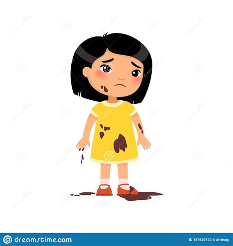 Sad Dirty Little Girl Flat Color Illustration Unhappy Asian Toddler In