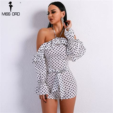 Missord 2018 Sexy Spring And Summer Off Shoulder Halter Print Rompers Backless Belt Ruffle