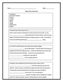 _copy of american imperialism chart docx american. British Imperialism in India Fill in the Blank Worksheet ...