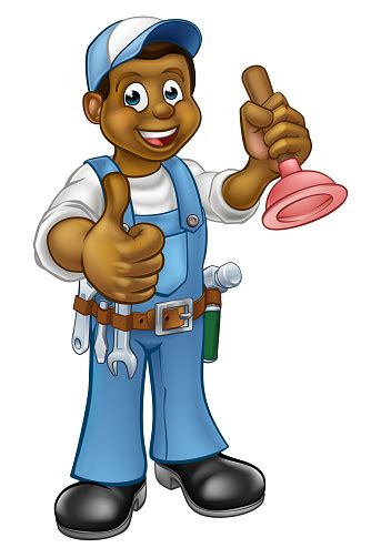 Cartoon Black Plumber Handyman Holding Punger Stock Illustration
