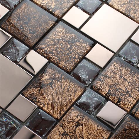 Metal And Glass Blend Mosaic Tile Brown Crackle Crystal Backsplash Stainless Steel With Base