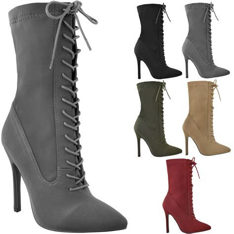 ladies womens lace up stretchy high heel stiletto ankle boots party shoes size ebay