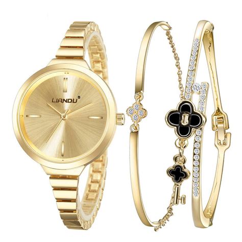 3 Pcs Set Women Rose Gold Diamond Bracelet Watch Fashion Luxury Jewelry