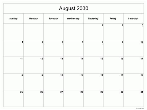 Printable August 2030 Calendar Free Printable Calendars