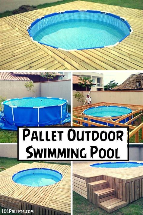 Here 4 beefy wooden pallets have been put together to make a perfect square boundary of the swimming pool and next to the interior of this swimming pool has been covered. Pallet Outdoor Swimming Pool | 101 Pallets