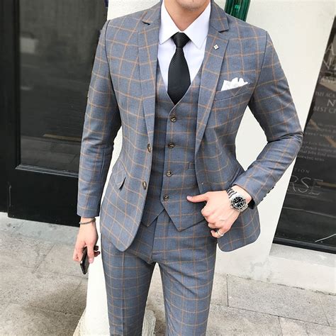 Classic Plaid Mens Suit England Style Dress Slim Fit