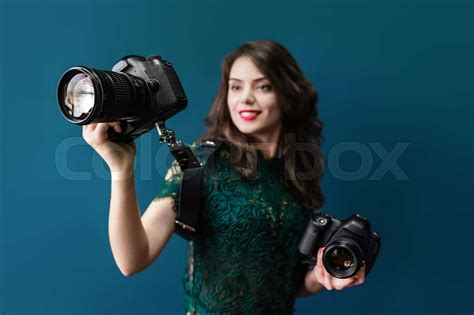 Woman Holding Two Photographic Cameras Stock Image Colourbox