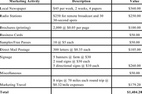 sample marketing budget  table