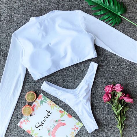 Bikinx Long Sleeve Brazilian Bikini High Cut White Swimsuit Thong Swim Joby Best Online Products