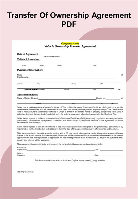 Transfer Of Ownership Agreement PDF