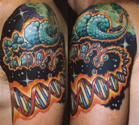 Colorful Rare Cell Tattoo On Shoulder Dna Tattoo Science Tattoos
