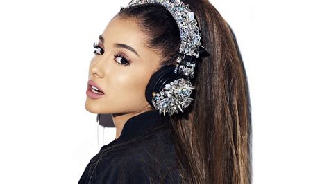 Ariana Grande With Headphone Decorated With Glittering Stones In White