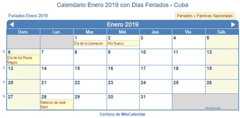 Calendario Enero 2019 Para Imprimir Cuba