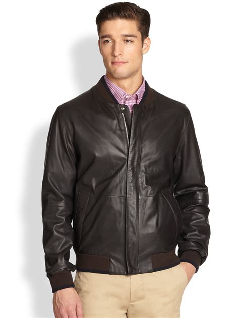 Façonnable Leather Bomber Jacket In Dark Brown Brown For