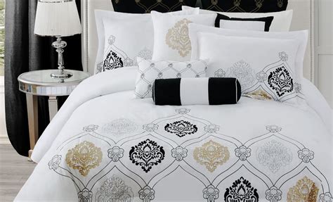 ··· luxury gold headboard bedroom furniture beds set modern leather european style double king size and queen soft leather bed. Gold, Black and White Bedding | Black and white bedspreads ...