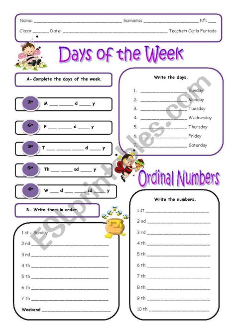 Days Of The Week And Ordinal Numbers Esl Worksheet By Achadinha