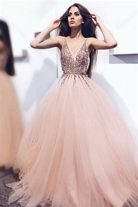 A Line Tulle Long Blush Prom Dresses With Beaded Sequins V Neck Bodice