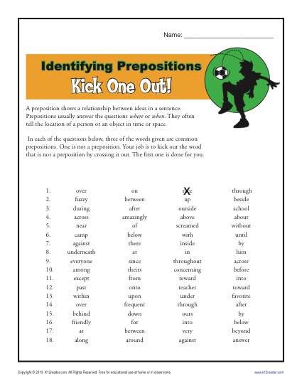 Identifying Prepositions 5th Grade Worksheet