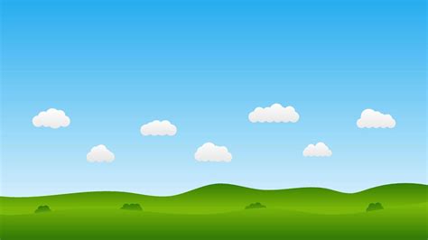 Landscape Cartoon Scene With Green Trees On Hills And White Fluffy Cloud In Summer Blue Sky