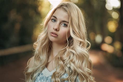 Wallpaper Blonde Face Long Hair Blue Eyes Bokeh Women Outdoors