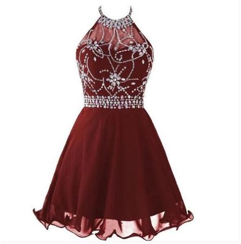 Halter Open Back Beaded Chiffon A Line Wine Homecoming Dressshort