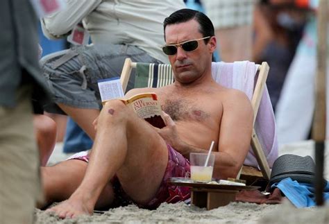 Jon Hamm In A Swimsuit Shooting Scenes For Mad Men