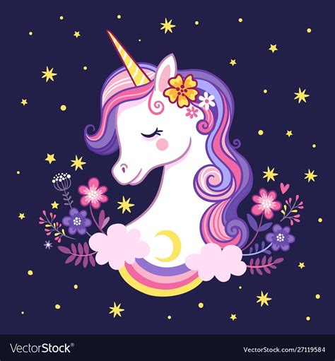 Cute Unicorn On A Purple Background With Stars And Flowers Vector