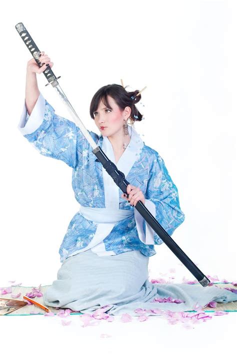 Geisha In Blue Kimono With Katana Stock Photo Image Of Eyes Pattern