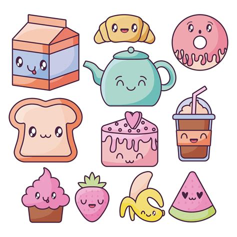 Set Of Food Icons In Kawaii Style 1939929 Vector Art At Vecteezy