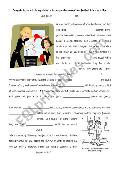 jobs and comparatives superlatives all this with cloze and a reading exercise esl worksheet