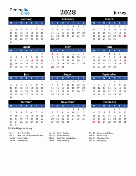 2028 Jersey Calendar With Holidays