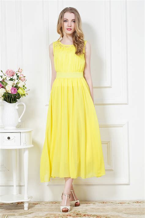 2014 Summer Women Yellow Lace Chiffon Dress Bohemian Beach Dress