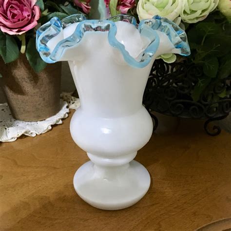 Fenton Ruffled Edge Aqua Blue Rimmed Milk Glass Vase 7 Inches Tall