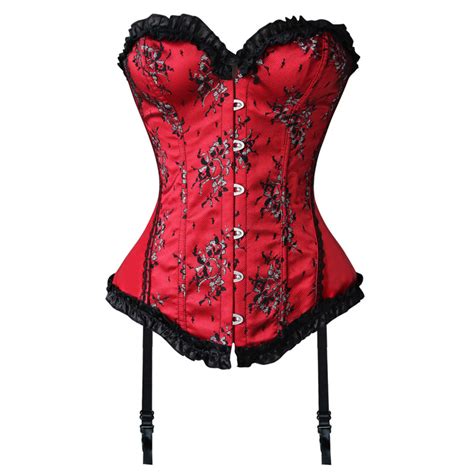 Sexy Red Satin Floral Brocade Burlesque Strapless Bustier Overbust