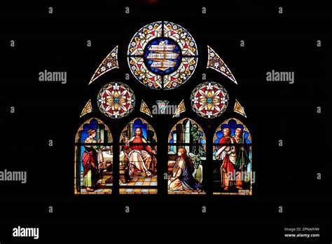 Stained glass window with Jesus, Mary Magdalene and Martha, woman, arts