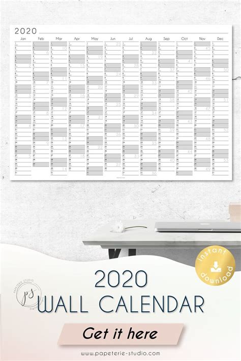2020 Yearly Wall Calendar Printable Wall Planner 2020 Grey Tones