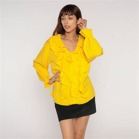 yellow ruffle blouse 90s long sleeve top ruffle shirt boho romantic feminine v neck bohemian