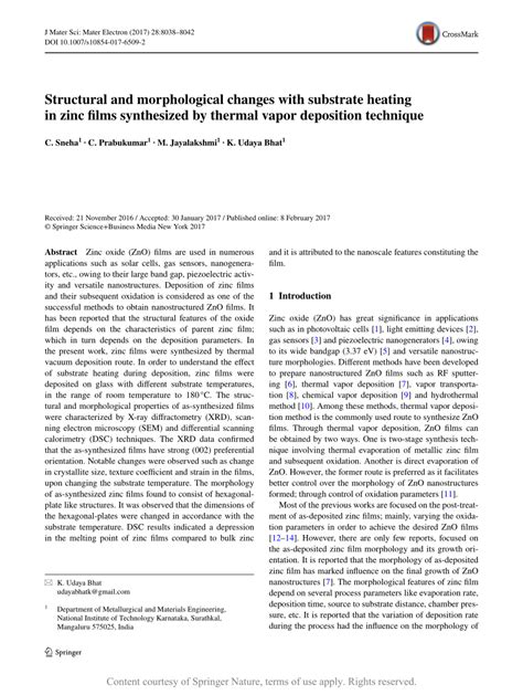 Structural And Morphological Changes With Substrate Heating In Zinc Films Synthesized By Thermal