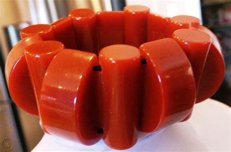 Rare Thick Rods Andhalf Moons Red Bakelite Stretch Bangle Bracelet