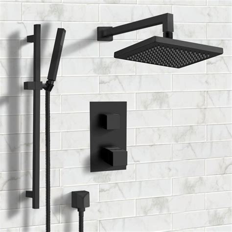 matte black thermostatic shower system with 8 inch rain shower head and hand shower black