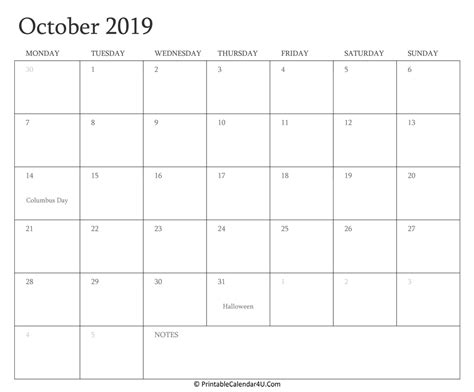 October 2019 Calendar Printable With Holidays