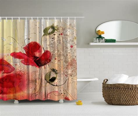 Red Poppy Flower Beige Floral Fabric Shower Curtain Digital Art