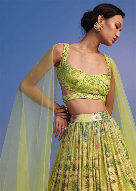 Buy Pista Green Lehenga Set In Crush With Floral Print And Embroidered