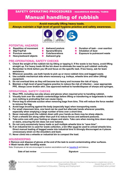 Hazardous manual handling legal duties. Manual handling of rubbish