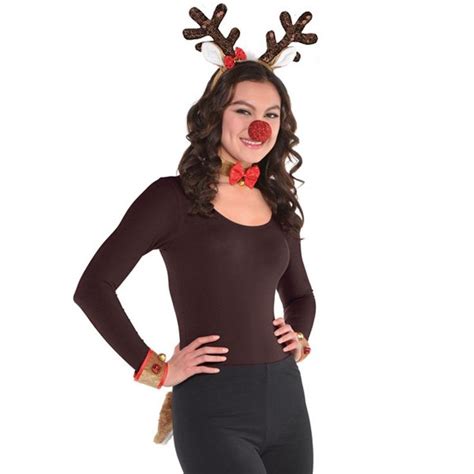 Reindeer Costume Kit Rudolph Nose Cuffs Tail Headband Collar Brown Reindeer Costume Costume