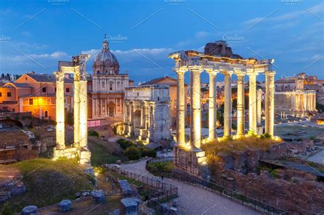 Ancient Ruins Of Roman Forum At Night Rome Italy Featuring Forum Roman
