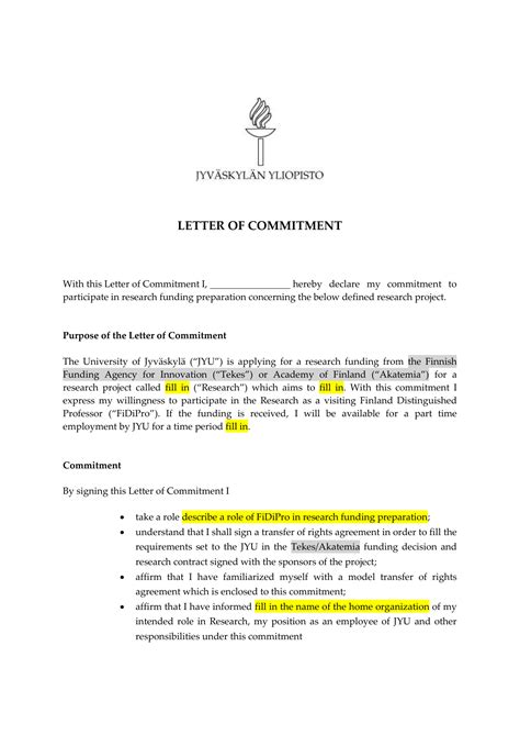 Letter Of Commitment Template Sample Design Layout Templates