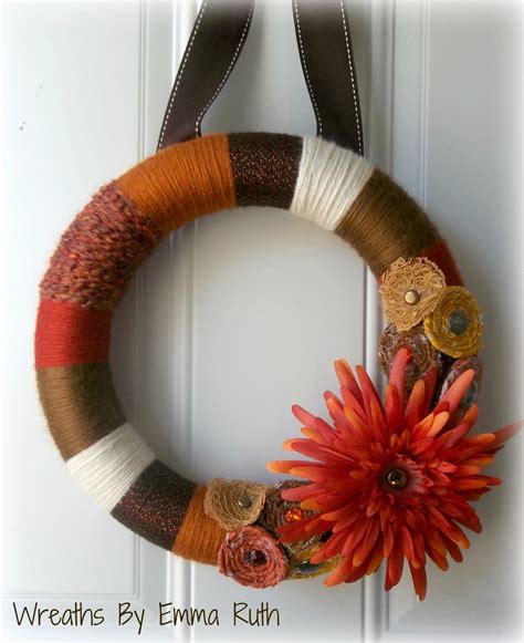 Rustic Fall Yarn Wreath With Rolled Fabric Flowers Lace And Etsy
