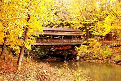 Hd Wallpaper Bridge Covered Bridge Autumn Fall Leaves Yellow