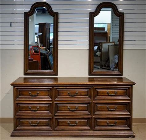Lot Henredon Walnut Armoire A Triple Dresser With Two Mirrors And A